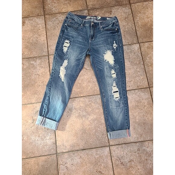 seven 7 girlfriend jeans size 8 blue stretch denim Cuffed Y2k Distressed - Picture 1 of 16